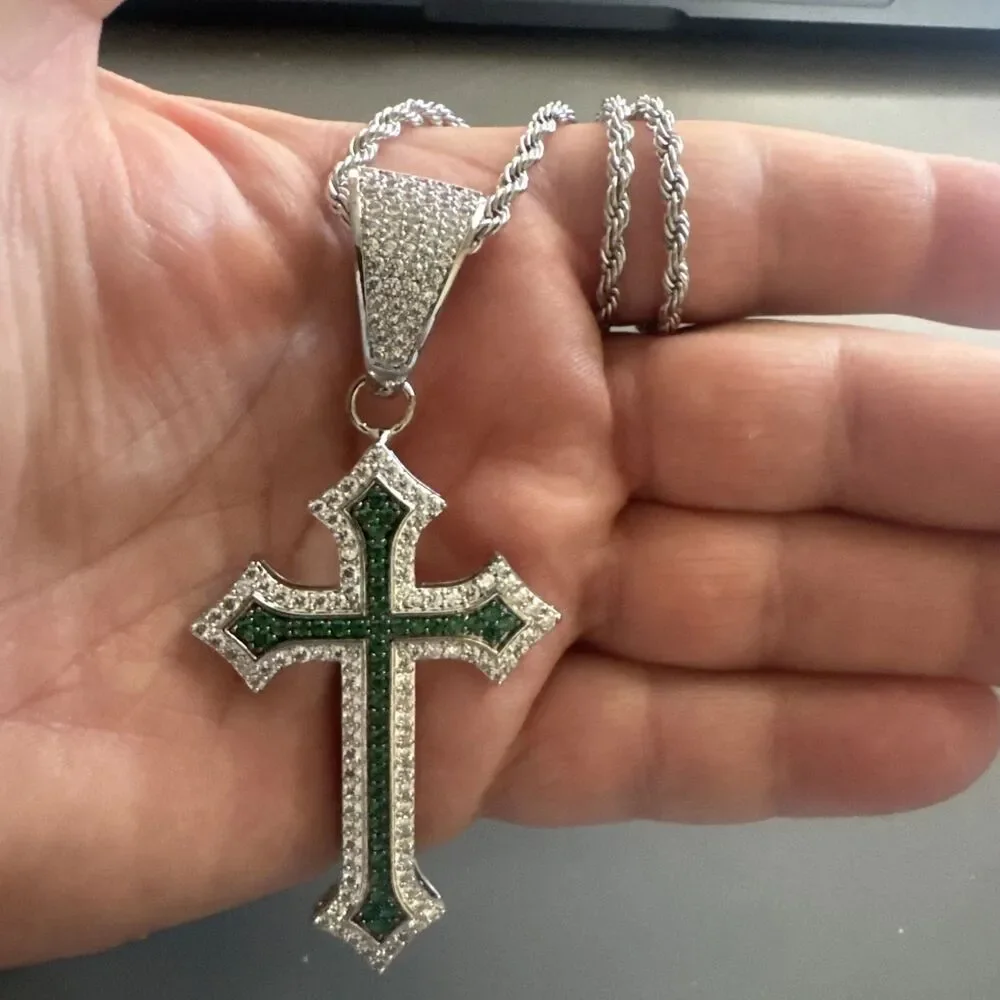 Silver Plated Green Cubic Zirconia Cross Pendant 24 Inch Necklace Unisex Hip Hop